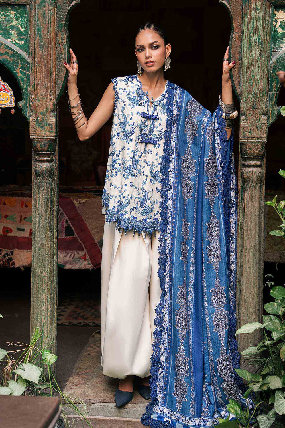 Maria B M.Prints 8A white and blue Irish linen unstitched suit – view 2